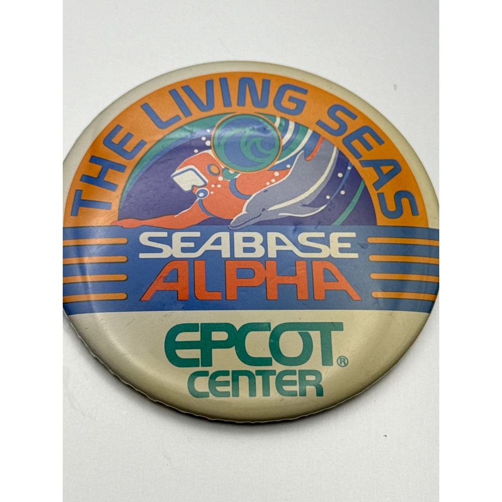 Vintage 80s Disney EPCOT Center The Living Seas Seabase Alpha Pinback Button